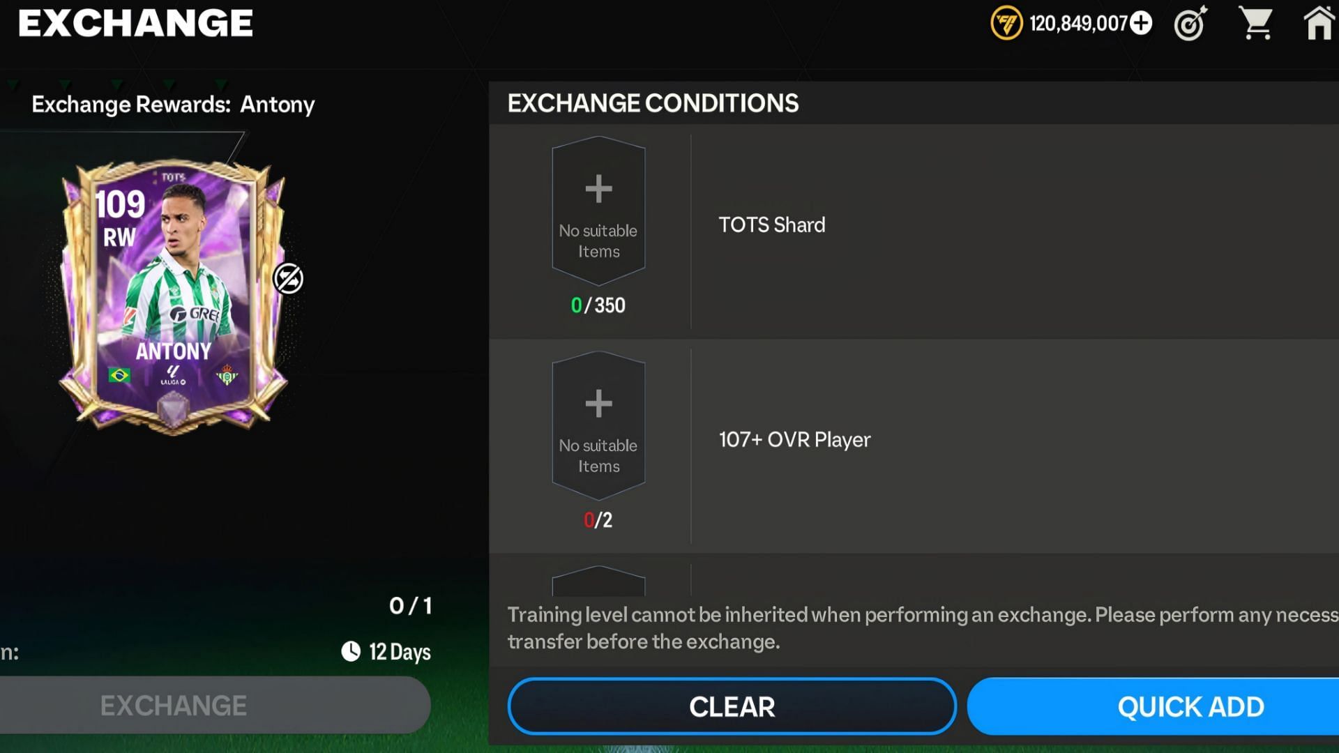 All EA FC Mobile TOTS 25 Antony exchange requirements (Image via EA Sports)
